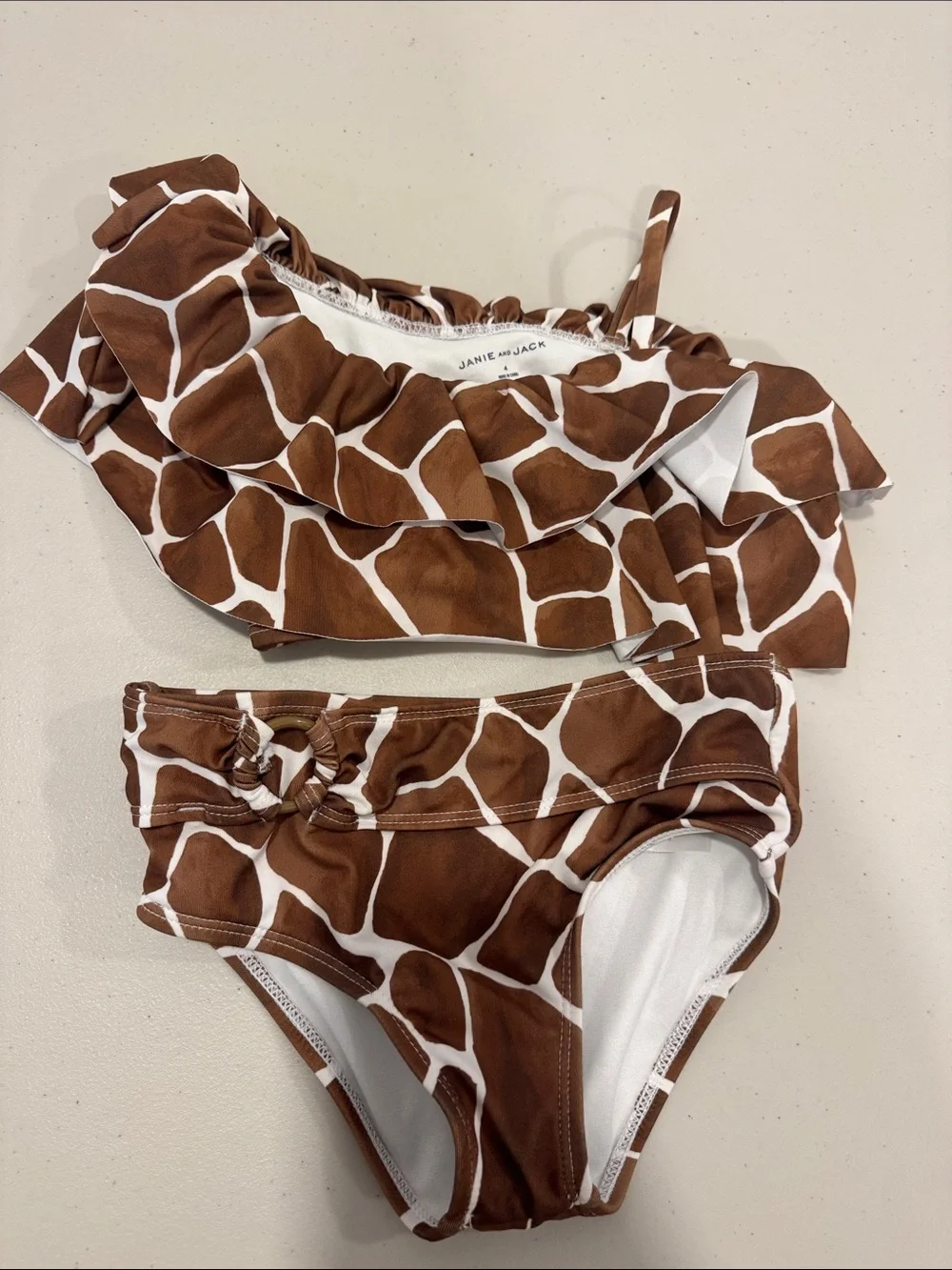 Janie and Jack Brown Giraffe Print Ruffle Bikini Set
